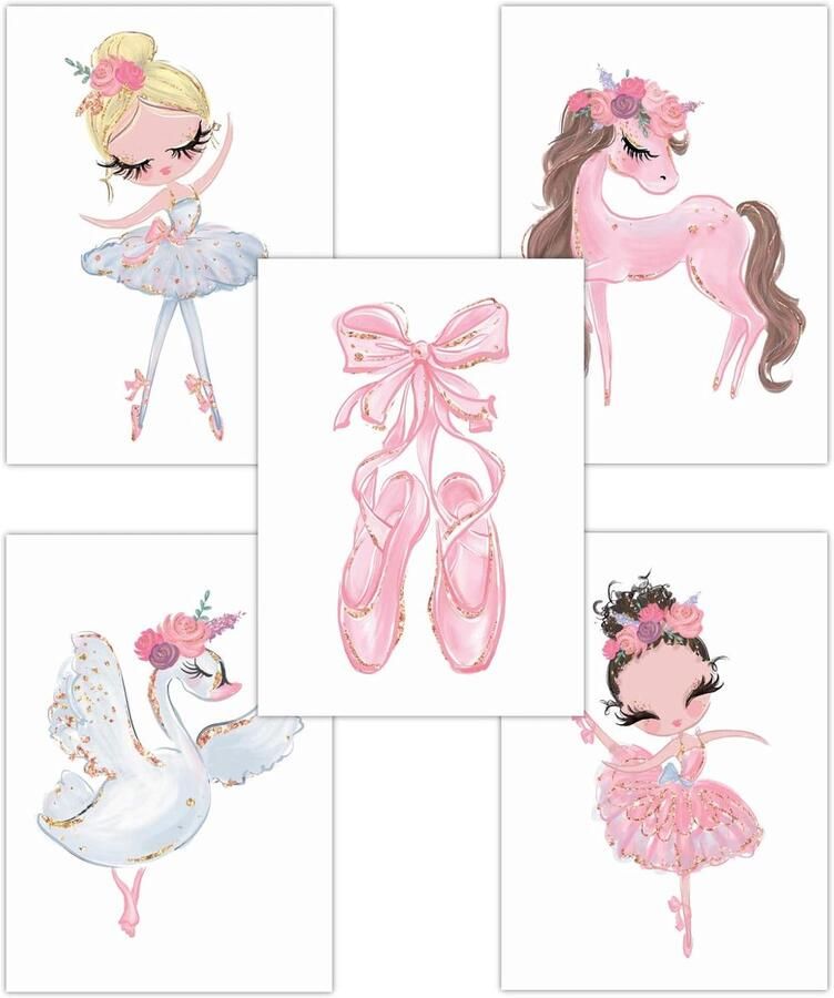 Wanddecoratie voor kinderen set van 5 ballerina zwaan en paard DIN A4 formaat perfect voor meisjeskamers ShopVlot