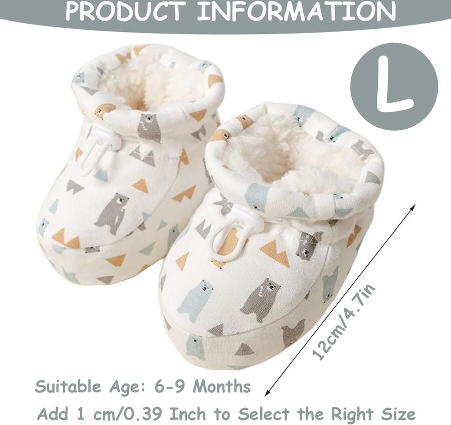 Warm zacht fleece gevoerde babywinterschoenen met verstelbare elastische banden schattige beer pasgeboren slofjes voor L