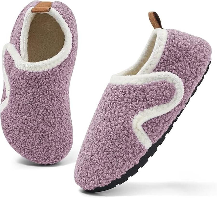 Warme antislip winterslippers voor kinderen pluche voor en met klittenbandsluiting paars (binnenlengte