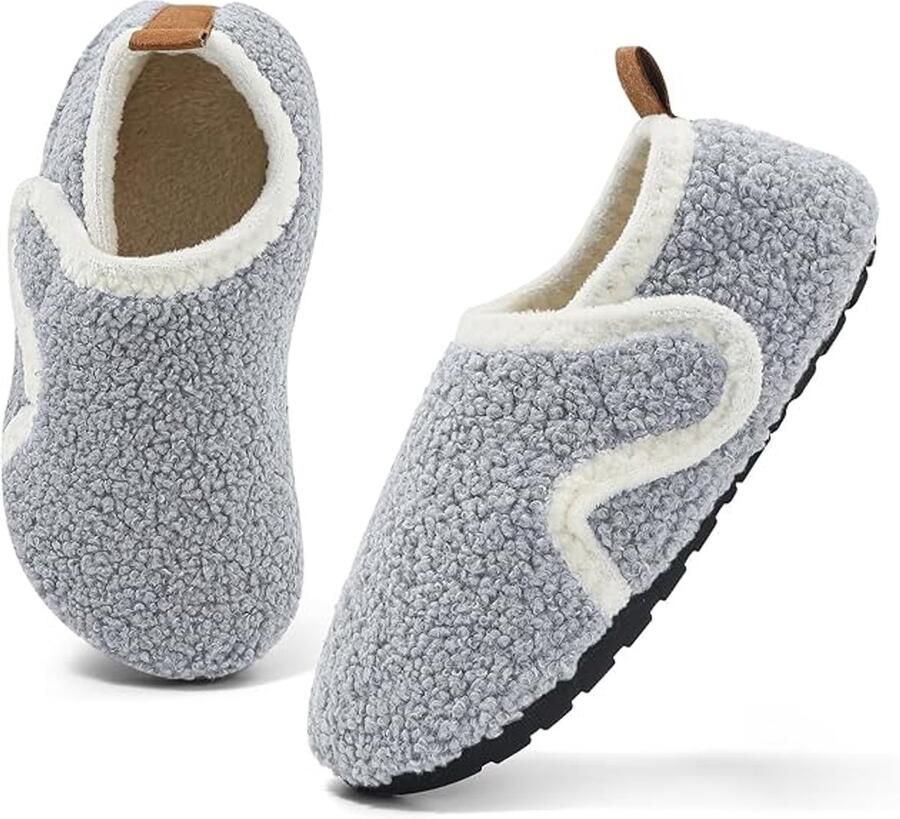 Warme antislip winterslippers voor kinderen pluche voor en met klittenbandsluiting grijs (binnenlengte