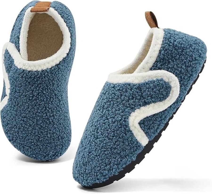 Warme antislip winterslippers voor kinderen pluche voor en met klittenbandsluiting blauw (binnenlengte
