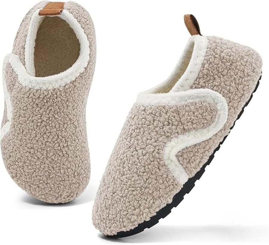 Warme antislip winterslippers voor kinderen pluche voor en met klittenbandsluiting Beige (binnenlengte
