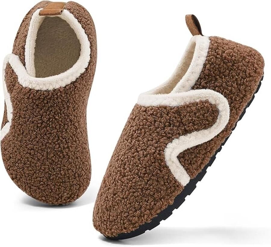 Warme antislip winterslippers voor kinderen pluche voor en met klittenbandsluiting bruin (binnenlengte