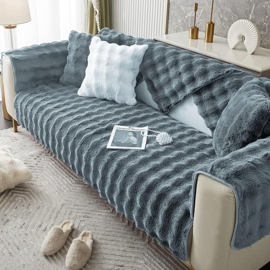 Warme bankhoes van imitatiebont dikke ruige pluizige sectionele bankhoes antislip effen kleur pluche meubelbeschermer voor kinderen huisdieren (zwart 71 x