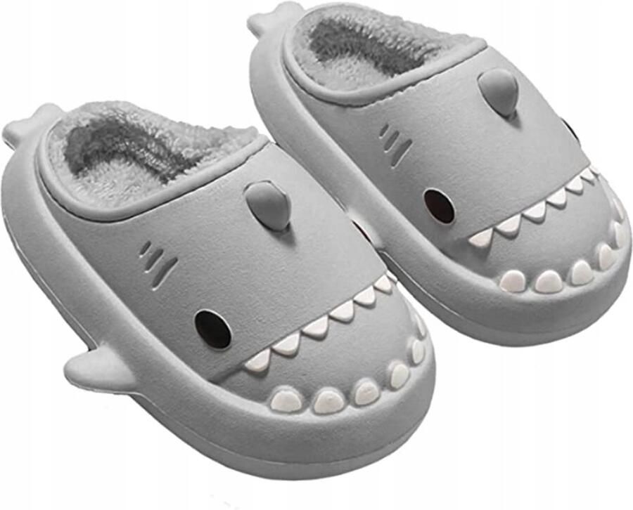 Grijze Pluche Shark Pantoffels Warm & Comfortabel