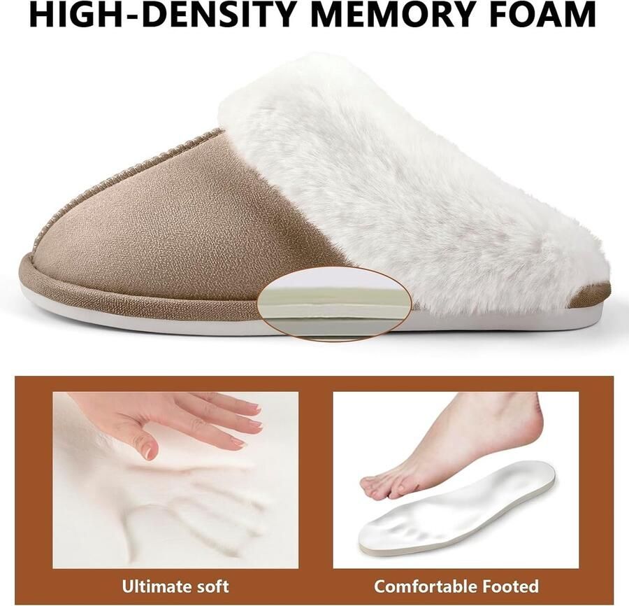 Warme Winter Slippers Kaki 42 43 EU Zachte Nepbont Pluche Pantoffels met Antislip Voor en