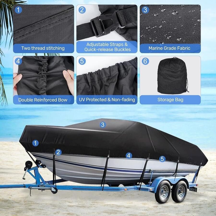 Waterdicht 420D Oxford-stof all-weather afdekking voor 40 5 m V-romp boten met versterkte riemen tegen wind UV- en bandenbescherming afdekzeilen voor boten (5 2-5 8 m zwart)