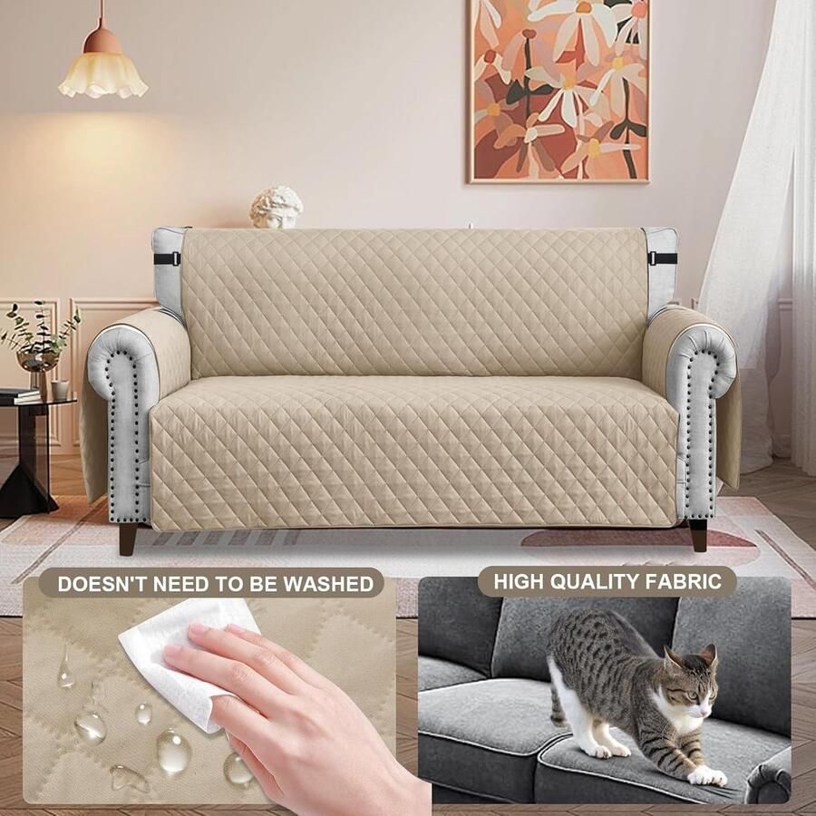 Waterdichte bankovertrek 3-zitsbank dikke bankbeschermer waterdicht omkeerbaar doorgestikt met zijzakken antislip krasbestendig voor huisdieren honden en katten beige