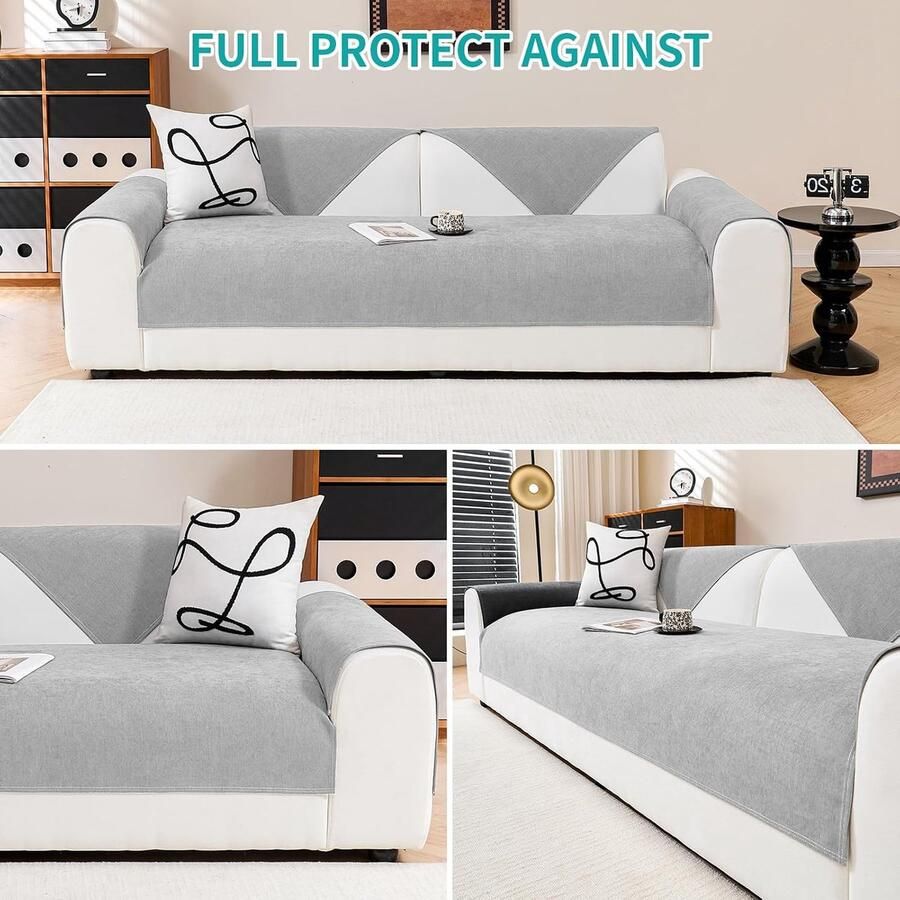 Waterdichte bankovertrek chenille bankovertrek krasbestendig voor honden en katten antislip 2- 3- 4-zits voor U-vorm L-vorm sectionele bank (lichtgrijs 70 x - Foto 2
