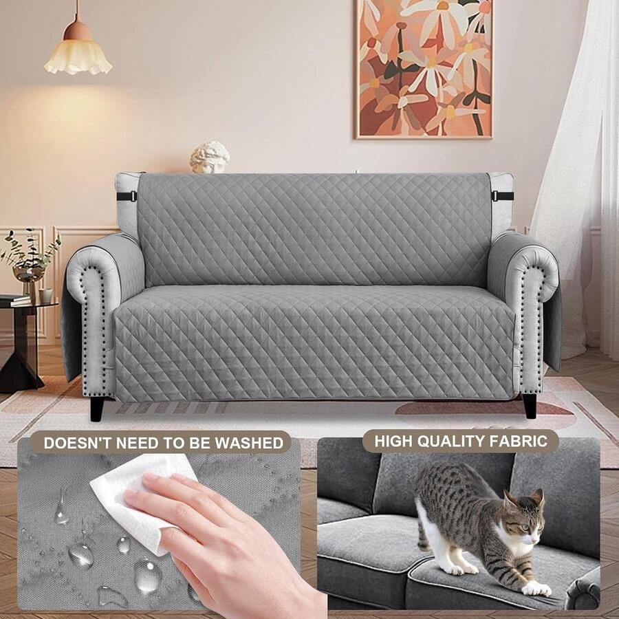 Waterdichte bankovertrek voor 3-zitsbank dikke bankbeschermer waterdicht omkeerbaar doorgestikt met zijzakken antislip krasbestendig voor huisdieren honden en katten lichtgrijs