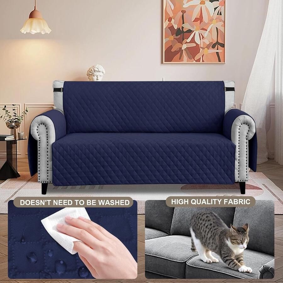 Waterdichte bankovertrek voor 3-zitsbank dikke bankbeschermer waterdicht omkeerbaar doorgestikt met zijzakken antislip krasbestendig voor huisdieren honden en katten marineblauw