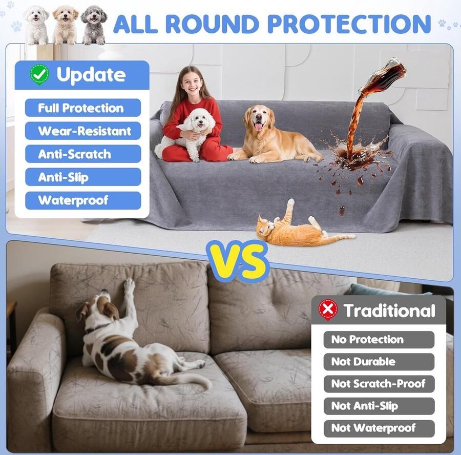 Waterdichte Sofa Cover Bank Bescherming hond Bankhoes 3 Zits Bank Bescherming hond Antislip Bankhoes Waterdicht Beschermhoes voor Huisdieren Kinderen Grijs 380x