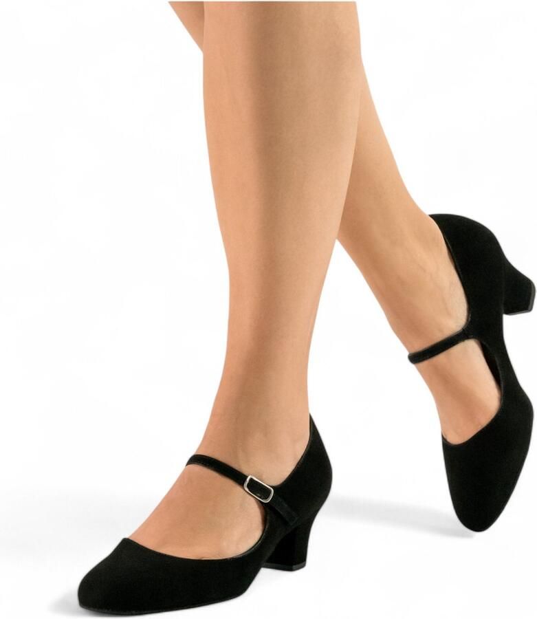 Werner Kern Ashley Zwarte suède dames dansschoenen met wreefbandje Hak Dansschoenen voor dames met brede voeten Suède zool Stabiele blokhak Ballroom Lindy Hop Salsa Latin Werner Kern Zwart