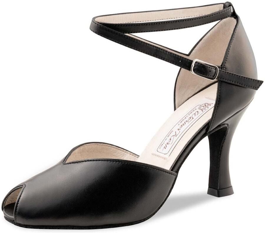 Werner Kern Asta Dansschoenen Dames in Zwart Leer Hoge hak Ballroom Latin Salsa Argentijnse Tango Peeptoe en enkelbandje Werner Kern Zwart