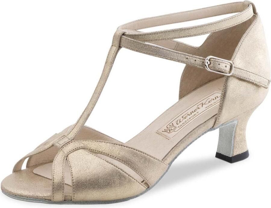 Werner Kern Astrid Dansschoenen voor dames van poeder goud leer hak Suede zolen Open teen met T bandje Salsa Latin Bachata Social Werner Kern Goud
