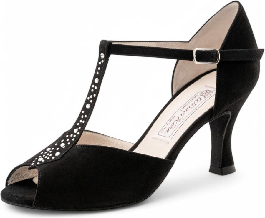 Werner Kern Claudia Zwarte Dansschoenen Dames Flare hak Suede Strass steentjes Latin Salsa Tango Kizomba Werner Kern Zwart