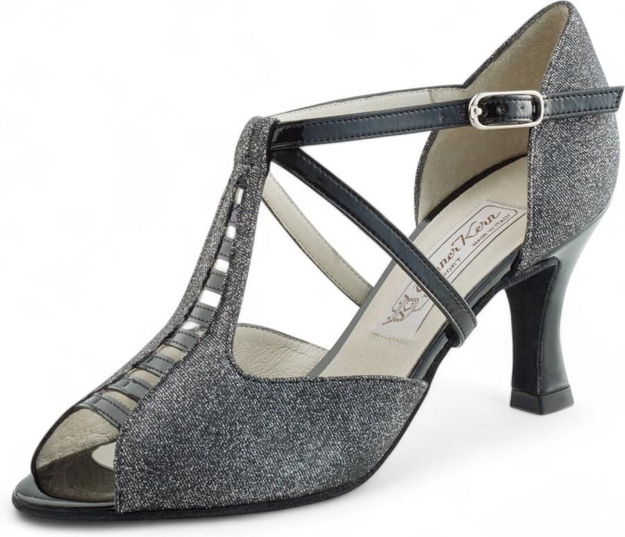 Werner Kern Holly Dansschoenen Dames T bandje Zwart lakleer Zilveren glitters Hak Suede zool Ballroom Latin Salsa Werner Kern Zwart zilver
