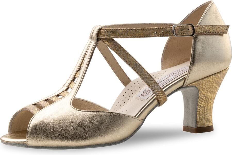 Werner Kern Holly Goudkleurige Dansschoenen met T bandje Comfortabele hak Nikkelvrije drukknoopsluiting Suede zool Luxe feestelijk uitstraling Salsa Bachata Latin Werner Kern Goudkleurig