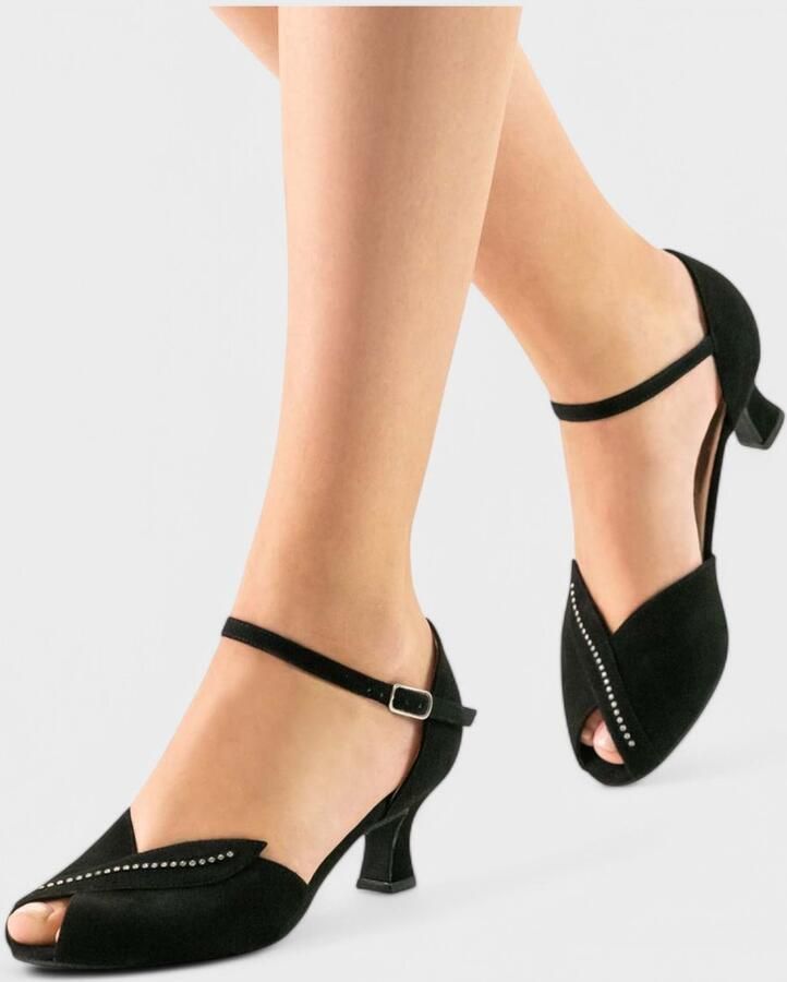 Werner Kern Ilona Comfortabele Dansschoenen voor Dames Peeptoe Strasssteentjes Stabiele hak Geschikt voor bredere voeten Suède zool Ballroom Latin Salsa Kizomba en Tango Werner Kern Zwart