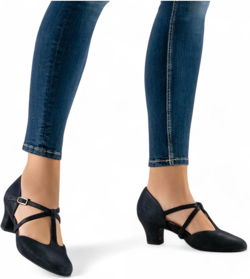 Werner Kern Jessie blauwe dames dansschoenen met Kruis en T bandje Gesloten neus Nikkelvrije drukknoopsluiting Blokhak Comfortvoetbed Hielondersteuning Ballroom Latin Salsa Kizomba Tango Werner Kern Blauw