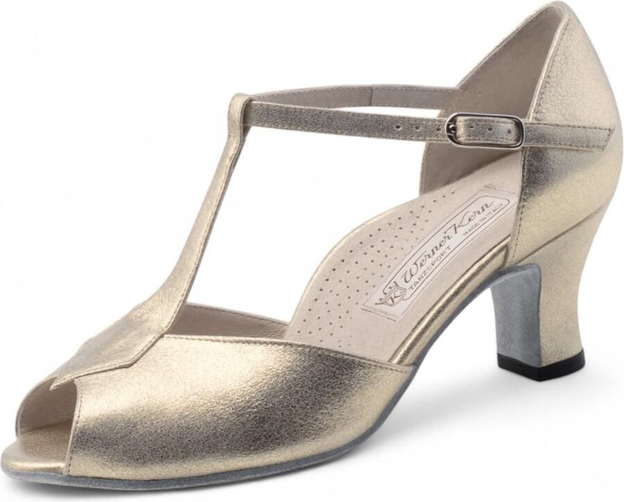 Werner Kern Paulette Dames Dansschoenen Goud Leer Peeptoe en T bandje Comfort Voetbed Suede Zool Ballroom Latin Salsa Werner Kern Goud