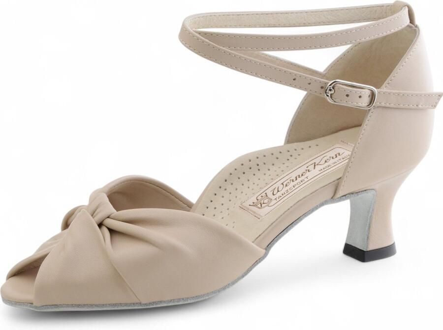 Werner Kern Ruth Beige Dames Latin Dansschoenen Lederen knoop detail Kruisbandje rondom de enkel flare hak Dansschoenen voor dames met brede voeten Ballroom Latin Salsa Kizomba en Tango Werner Kern Beige