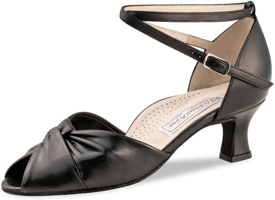 Werner Kern Ruth Dames Dansschoenen met knoop detail Open teen Zwart leer Comfort lijn Suede zolen Ballroom Latin Salsa Werner Kern Zwart