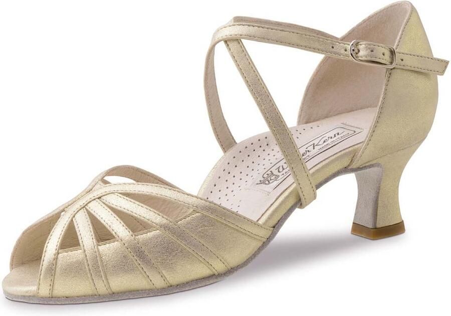 Werner Kern Smilla Dansschoenen Dames met hak Salsa en Latin schoenen Open neus Goud leer Suede zolen Comfort voetbed Werner Kern Goud