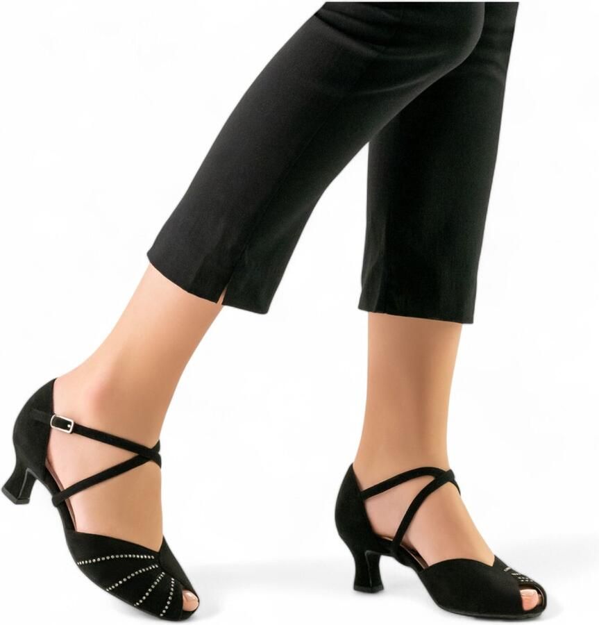 Werner Kern Sonia dames dansschoenen van Suede met Strass en Peeptoe neusje comfortabele voetbed hak Stijldansen Salsa Vrijetijdsdansen Werner Kern Zwart
