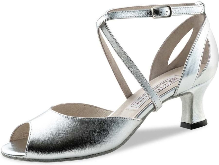 Werner Kern Tiziana Dames Dansschoenen Zilver Leer Open Teen Hak Suede Zool Enkelbandje Ballroom Salsa Latin schoenen Werner Kern Zilver