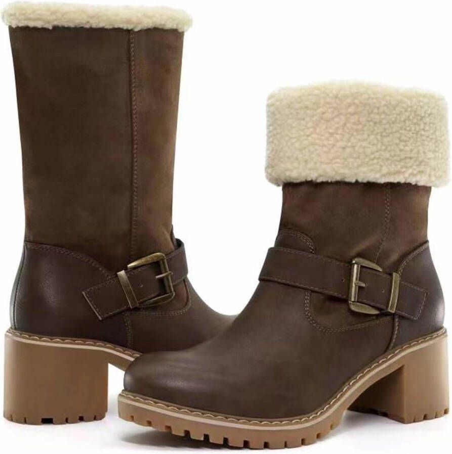 Winter warme dames wandellaarzen met bontkraag chunky hakken Koffie