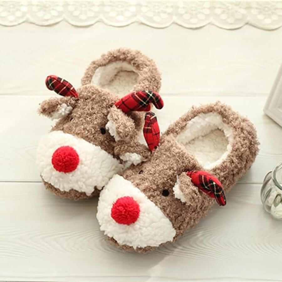 Winterslippers voor en Leuke kerstslippers Vervaagd rendierpatroon Zachte pluche slippers Schattige dieren Cartoonslippers Comfortabel (39EU)