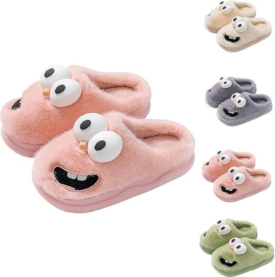 Winterslippers voor koppels Nieuwe stijl katoenen schoenen 2025 3D-hondenogen design schattig en speels Dikke zool voor warmte Unisex Pluche huisslippers Roze (geschikt voor )