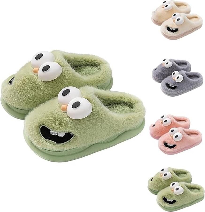 Winterslippers voor koppels Nieuwe stijl katoenen schoenen 2025 3D-hondenogen design schattig en speels Dikke zool voor warmte Unisex Pluche huisslippers Groen (geschikt voor )