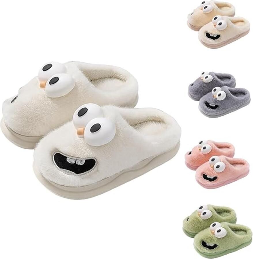 Winterslippers voor koppels Nieuwe stijl katoenen schoenen 2025 3D-hondenogen design schattig en speels Dikke zool voor warmte Unisex Pluche huisslippers Beige (geschikt voor )