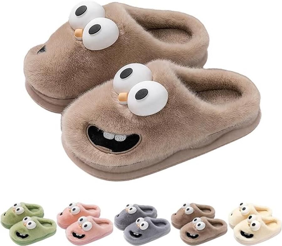 Winterslippers voor koppels Nieuwe stijl katoenen schoenen 2025 3D-hondenogen design schattig en speels Dikke zool voor warmte Unisex Pluche huisslippers Bruin (geschikt voor )