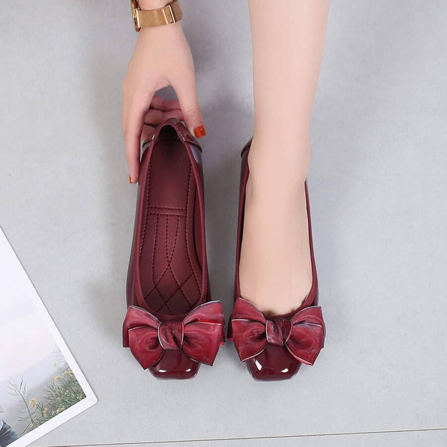 Womens Ballerina Flats Casual Vierkante Teen Bow-Knoop Slip ons Memory Foam Dressy Flats Rood