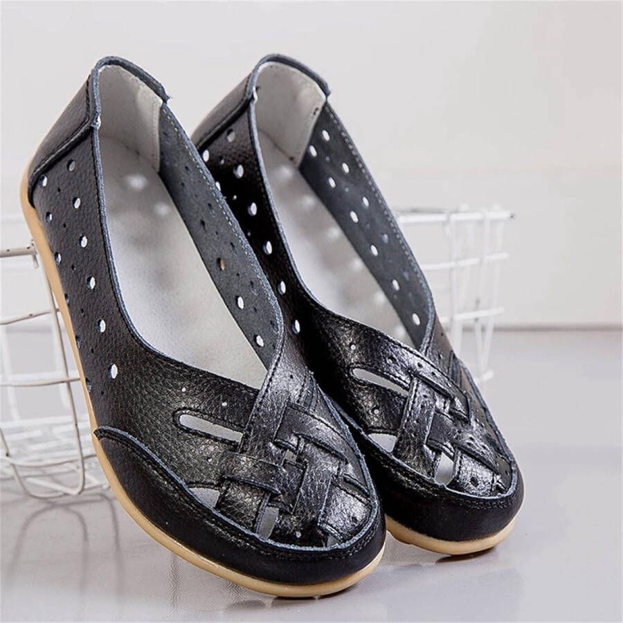 Womens comfortabele lederen loafers casual ronde teen mocassins zwart