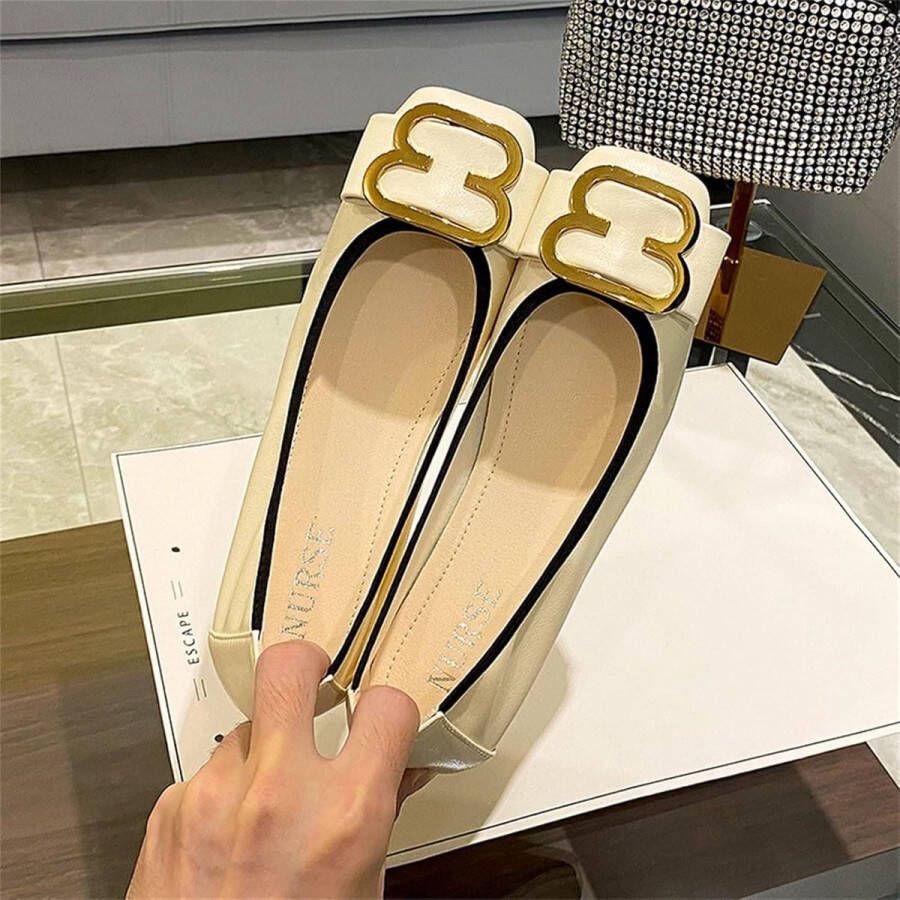Women's opvouwbare ballerina's Vierkante neus metalen gesp instappers Wit