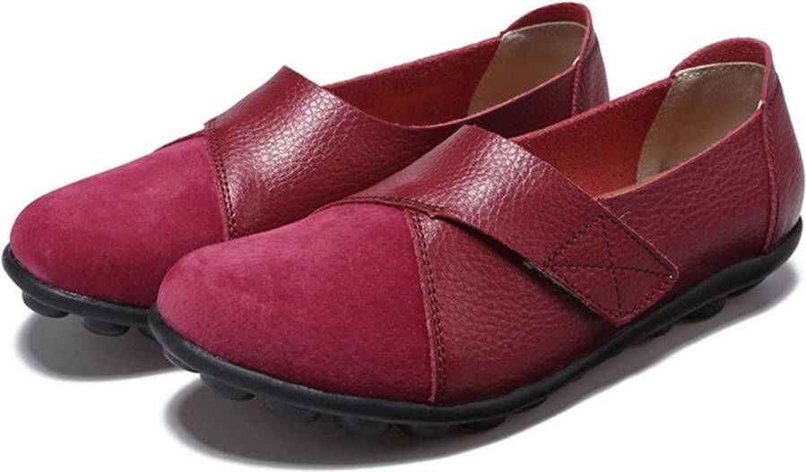 Women's Suede lederen instappers platte mocassins rijden schoenen voor werk kantoor verpleging Wijn Rood
