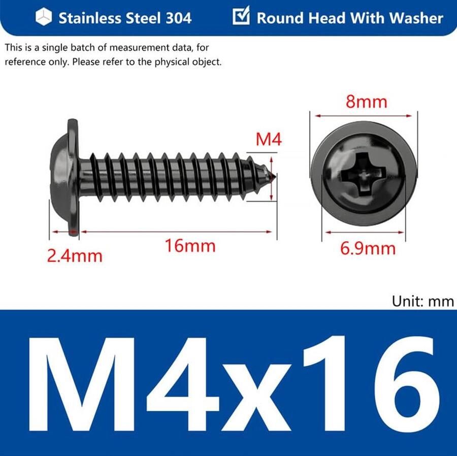X 16mm 50 Pcs Ronde kop Zelfborende schroeven Met sluitring Roestvrij staal 304 Kruiskop Bolle kop Houtschroef
