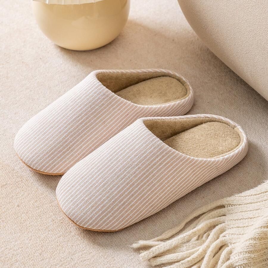 Zachte antislip katoenen slippers met memory foam comfortabele en warme winterslippers voor thuis plat en antislip Beige )