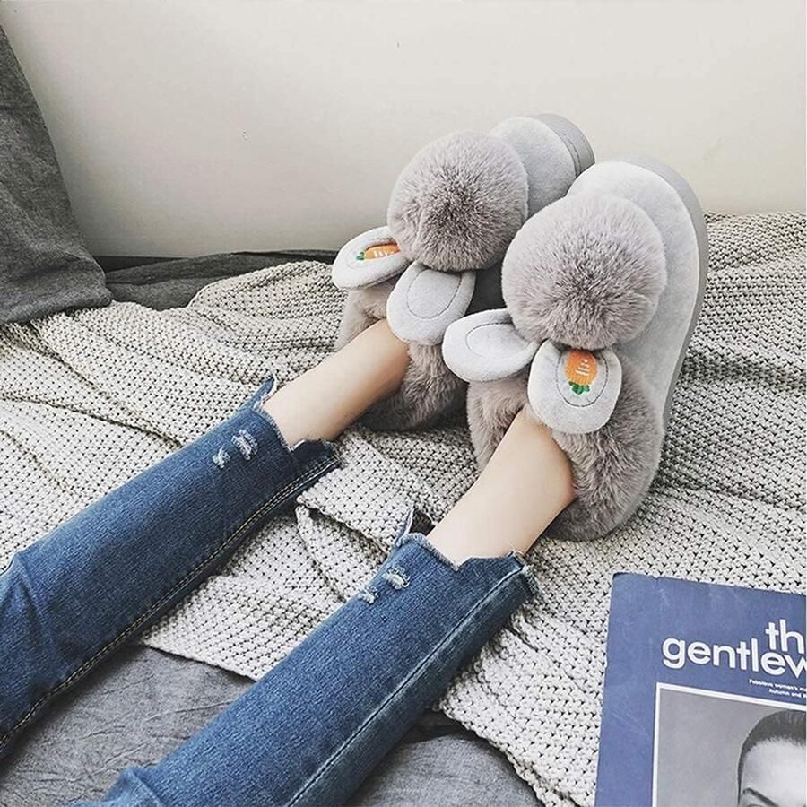 Zachte Bunny Slippers Grijs 36 37 EU Gezellige Pluche Memory Foam Slippers Voor Dames