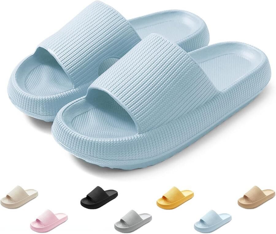 Zachte Comfort Slippers Huisschoenen Ontspannen Thuis Extra Dikke Zool Zoolhoogte Blauw