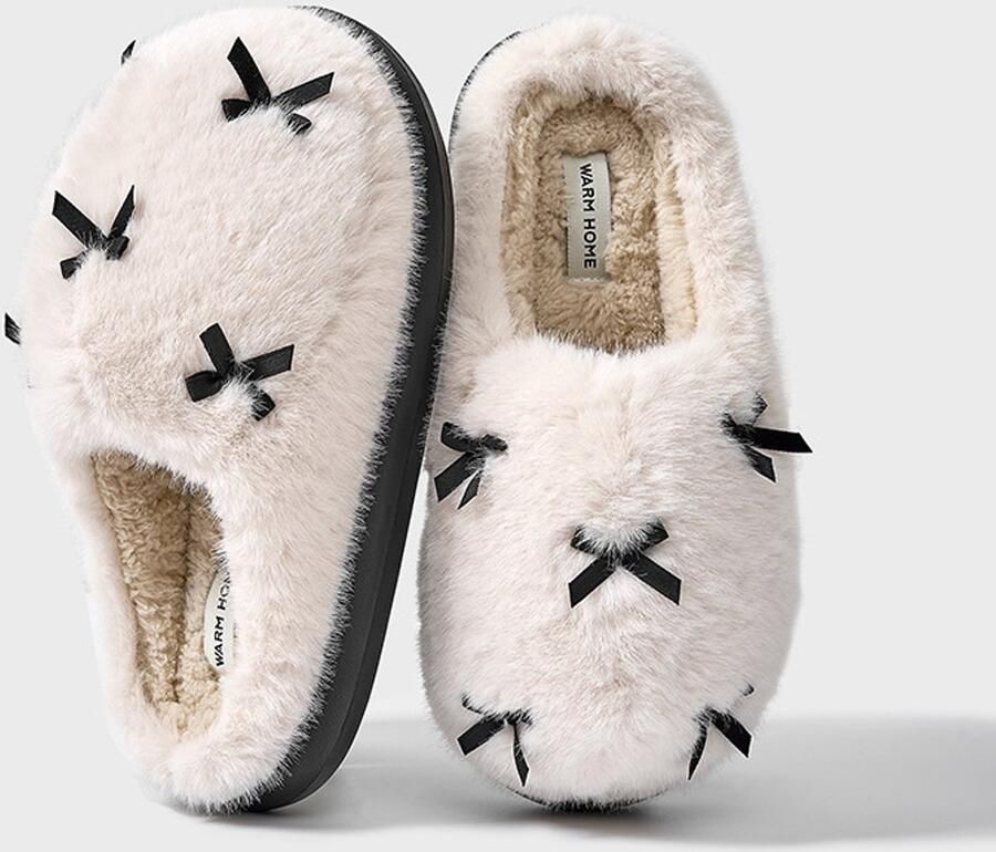 Zachte dames sloffen met comfortabele zachte memory sponzen binnenzool warme winter imitatiebont voering strik decoratie antislip zool voor zowel binnen als buiten.38