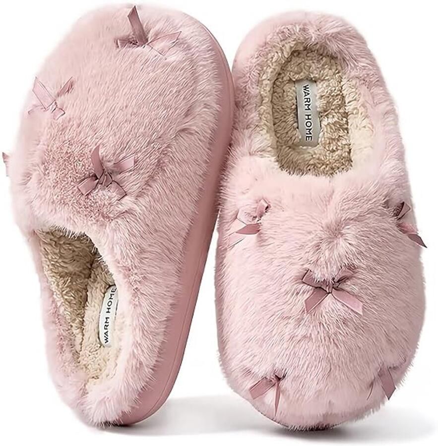 Zachte dames sloffen met comfortabele zachte memory sponzen binnenzool warme winter imitatiebont voering strik decoratie antislip zool voor zowel binnen als buiten.38