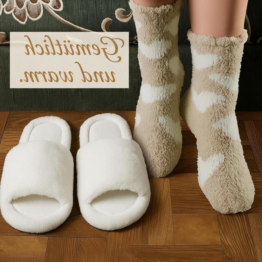 Zachte en Warme Pluche Slippers voor Dames met 2 Paar Sokken Antislip Thermisch Ideaal voor Winter
