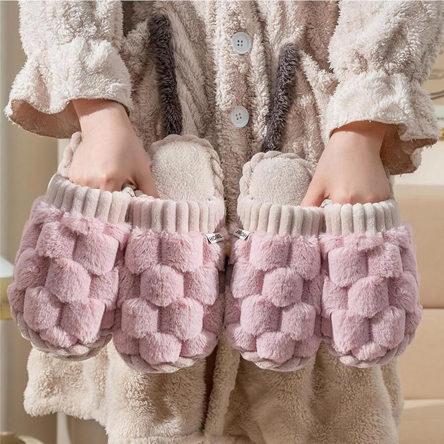 Comfortabele Fluffy Slippers voor Dames met Geheugenfoam Antislip en Zachte Voering Roze