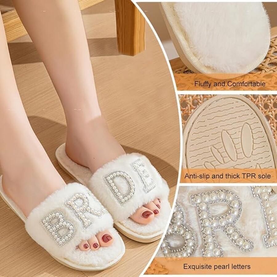 Zachte pantoffels voor bruid witte parels antislip met zolen van mm