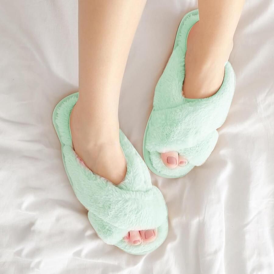 Zachte Pluche Huisslippers voor Dames met Open Teen en Kruisband Antislip Slaapkamer Slippers voor Binnengebruik